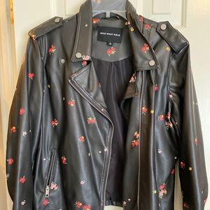 Faux Leather Black Motto Jacket with Flowers